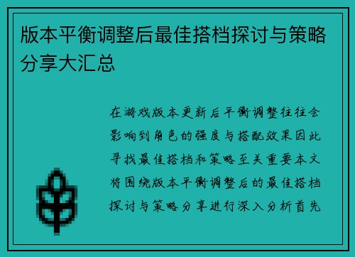 版本平衡调整后最佳搭档探讨与策略分享大汇总