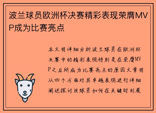 波兰球员欧洲杯决赛精彩表现荣膺MVP成为比赛亮点