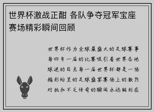 世界杯激战正酣 各队争夺冠军宝座 赛场精彩瞬间回顾